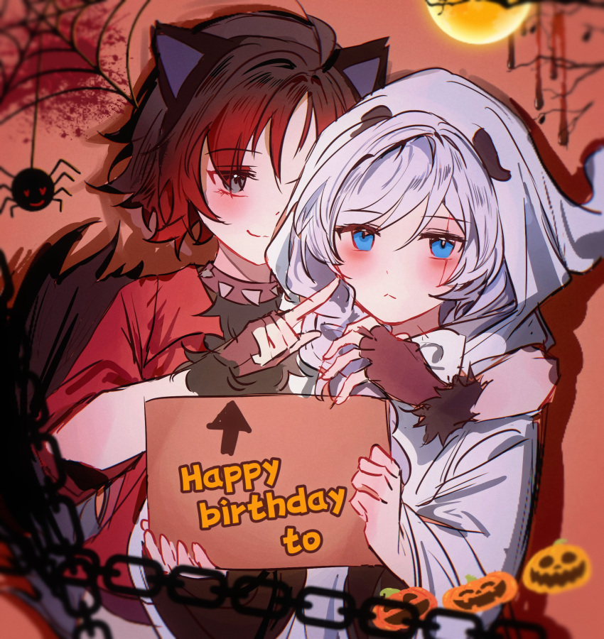 2girls absurdres akane031 animal_ears arm_around_shoulder black_hair blue_eyes bug chain closed_mouth collar english_text fake_animal_ears fake_tail fingerless_gloves ghost ghost_costume gloves gradient_hair halloween halloween_costume heart heart-shaped_eyes highres holding holding_sign jack-o'-lantern jack-o'-lantern_ornament multicolored_hair multiple_girls pumpkin red_shirt redhead ruby_rose rwby scar scar_across_eye shirt short_hair sign silk spider spider_web spiked_collar spikes tail weiss_schnee white_hair