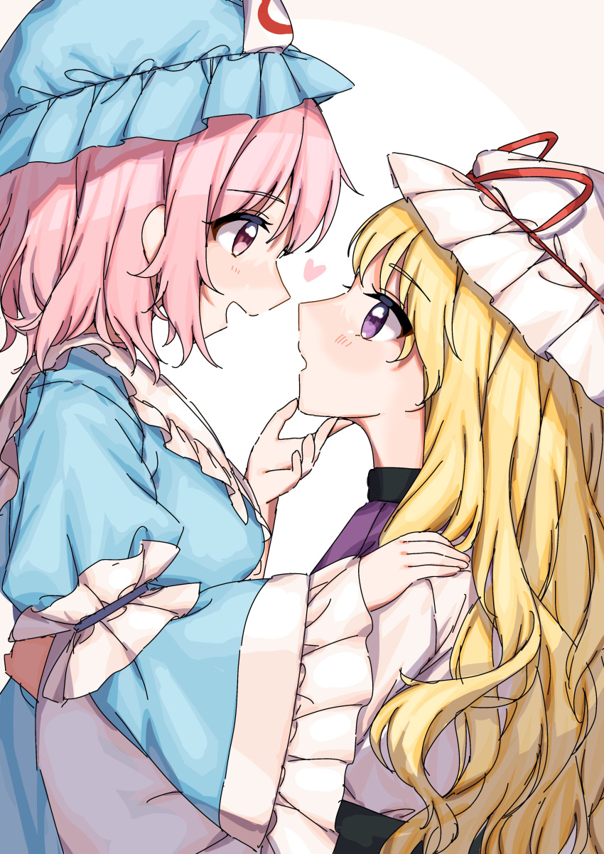 2girls absurdres arm_around_waist blonde_hair blue_headwear blue_kimono blush collar commentary_request dress eyelashes frilled_collar frilled_garter frilled_hat frilled_kimono frills from_side hand_on_another's_chin hand_on_another's_shoulder hat hat_ribbon heart highres japanese_clothes juliet_sleeves kimono long_hair long_sleeves looking_at_another mob_cap multiple_girls open_mouth pink_eyes pink_hair puffy_sleeves purple_tabard red_ribbon ribbon saigyouji_yuyuko short_hair sleeve_garter smile spiral_print tabard touhou triangular_headpiece upper_body very_long_hair violet_eyes white_background white_collar white_dress white_headwear wide_sleeves yakumo_yukari yukiwari_(warr4854) yuri