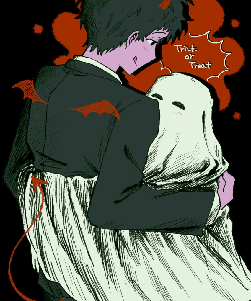 1boy adachi_tooru black_eyes black_hair black_jacket commentary_request drawn_horns drawn_tail drawn_wings drop_shadow facing_another ghost_costume halloween highres hug jacket long_sleeves looking_at_another male_focus persona persona_4 short_hair smile tongue tongue_out trick_or_treat yamada-kun_(yamad_125)