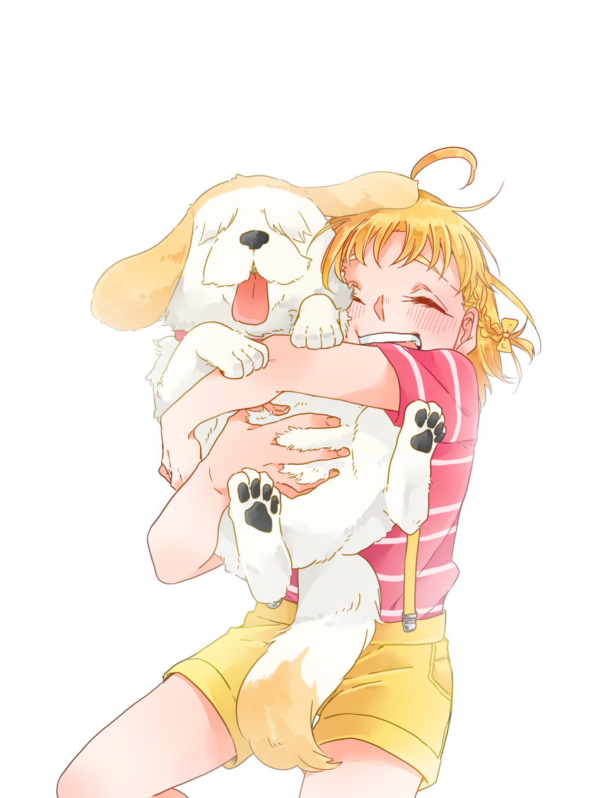 1girl absurdres ahoge bow braid closed_eyes commentary_request cowboy_shot dog hair_bow highres kashikaze love_live! love_live!_sunshine!! open_mouth orange_hair red_shirt shirt short_sleeves shorts side_braid simple_background smile solo suspender_shorts suspenders takami_chika teeth white_background yellow_bow yellow_shorts