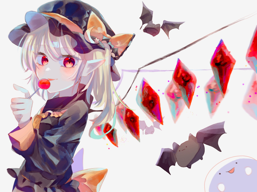 1girl absurdres ascot bat_(animal) bat_hair_ornament black_dress black_headwear blonde_hair candy crystal_wings dress eating eyebrows_hidden_by_hair eyelashes fang flandre_scarlet food frilled_ribbon frills hair_ornament halloween hat hat_ribbon highres holding holding_food licking lollipop moon_(ornament) neck nose orange_ribbon pointy_ears red_eyes ribbon short_hair side_ponytail sidelocks sideways_glance star_(symbol) star_hair_ornament tongue tongue_out touhou vampire waist_ribbon white_background wings wreath_mekko0 yellow_ascot