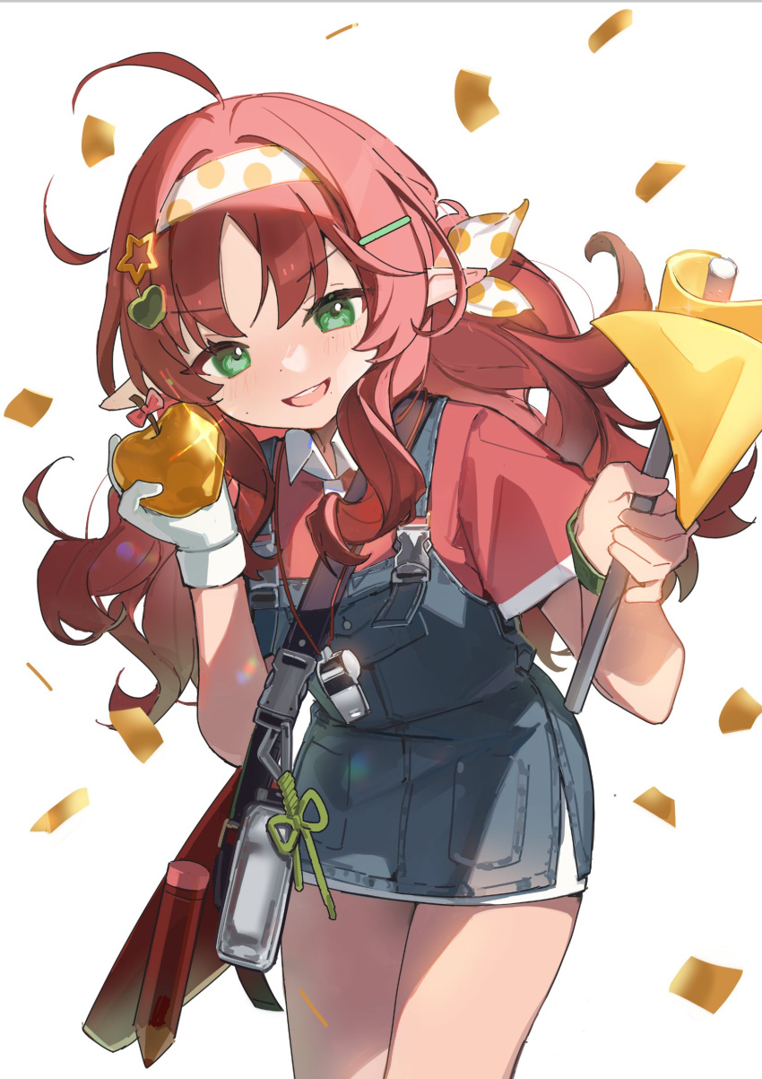 1girl ahoge alternate_costume apple arknights bag bare_legs blue_overalls blush bracelet collared_shirt commentary confetti cowboy_shot flag food fruit gloves golden_apple green_eyes hands_up headband highres holding holding_flag holding_food holding_fruit jewelry leaning_forward long_hair looking_at_viewer miebao myrtle_(arknights) open_mouth overalls pointy_ears polka_dot_headband red_shirt redhead shirt short_sleeves simple_background single_glove skirt smile solo symbol-only_commentary white_background white_gloves white_headband white_skirt