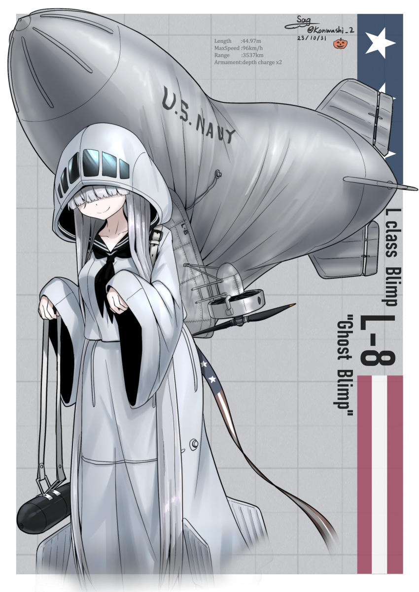 1girl absurdres aircraft black_neckerchief black_sailor_collar blunt_bangs breasts character_name covered_eyes dirigible english_text grey_hair highres long_hair long_sleeves machinery mecha_musume medium_breasts neckerchief original personification sailor_collar smile solo teisei_sagishi united_states_navy very_long_hair wide_sleeves