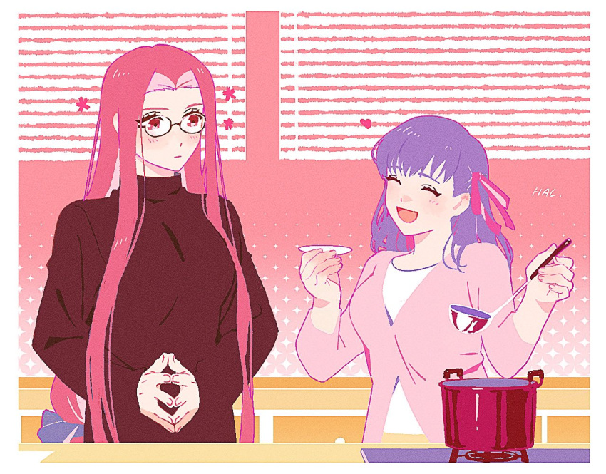 2girls black_sweater blush border closed_mouth cooking cooking_pot cup fate/stay_night fate_(series) glasses hair_ribbon hal_(haaaalhal) happy heart holding holding_cup holding_ladle ladle long_hair looking_at_another matou_sakura medusa_(fate) multiple_girls pink_hair pink_ribbon pink_sweater purple_hair red_eyes ribbon shirt signature sweater very_long_hair white_border white_shirt
