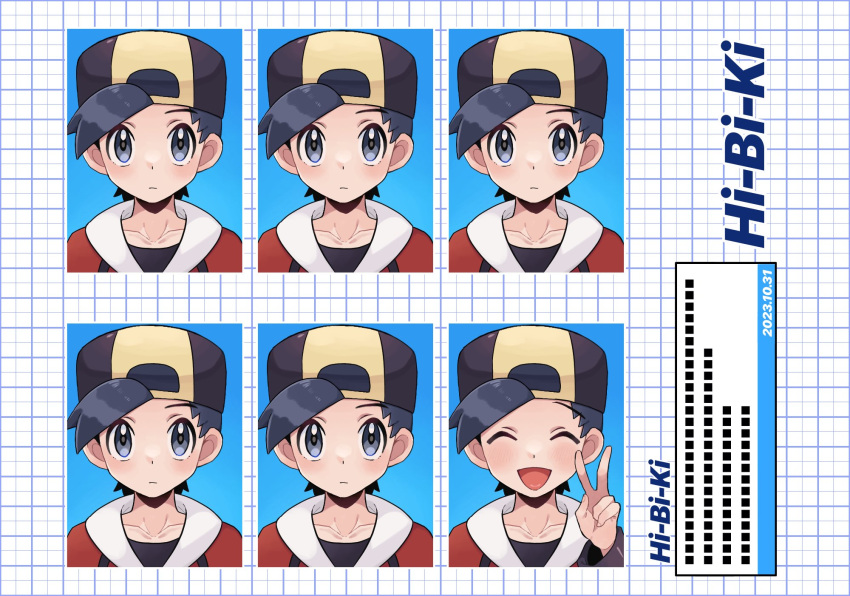 1boy :d backwards_hat black_hair black_headwear black_shirt character_name closed_mouth collarbone commentary_request ethan_(pokemon) grey_eyes hand_up hat highres jacket looking_at_viewer male_focus multiple_views open_mouth pokemon pokemon_(game) pokemon_hgss red_jacket sana_(37pisana) shirt short_hair smile tongue v