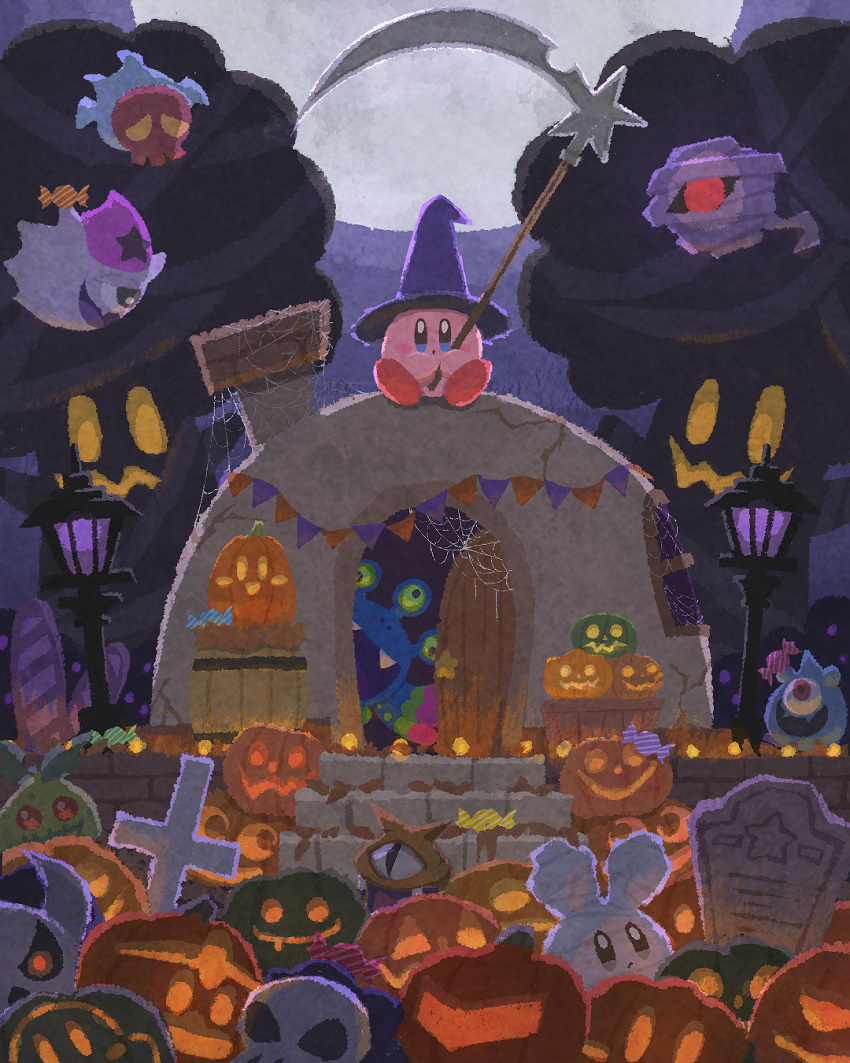 character_request cross full_moon ghost halloween hat highres holding holding_scythe jack-o'-lantern kirby kirby_(series) lamppost mask miclot moon mummy_costume night night_sky no_humans outdoors scythe silk skull_mask sky spider_web tombstone tree window witch_hat