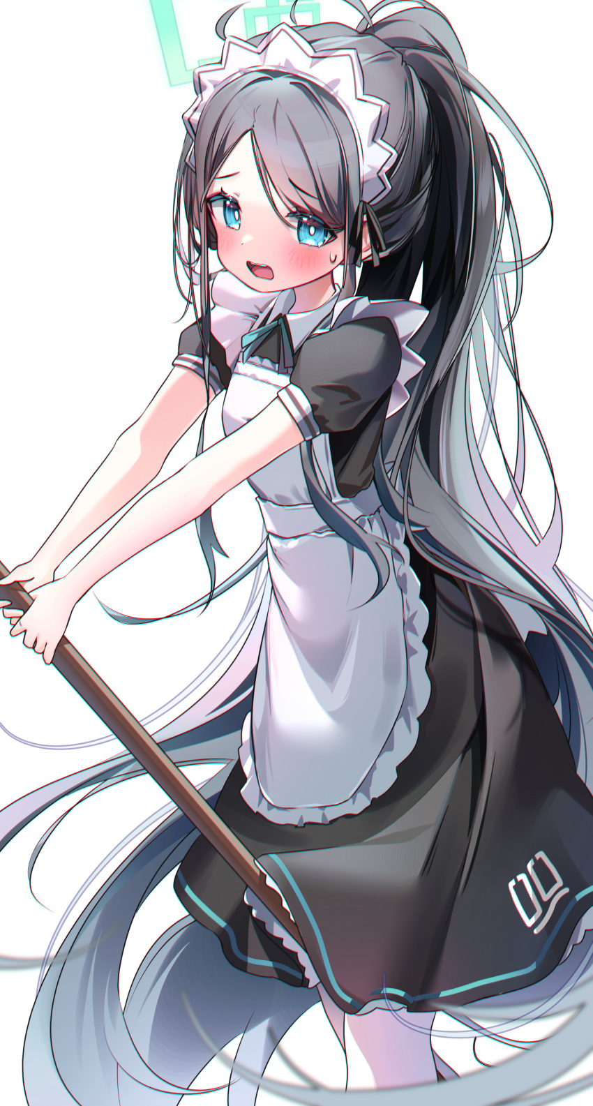 1girl absurdly_long_hair absurdres apron aris_(blue_archive) aris_(maid)_(blue_archive) black_dress black_hair blue_archive blue_eyes blush commentary dress feet_out_of_frame frilled_apron frills green_halo halo highres long_hair maid maid_apron maid_headdress nyaruin open_mouth revision short_sleeves simple_background solo symbol-only_commentary very_long_hair white_apron white_background