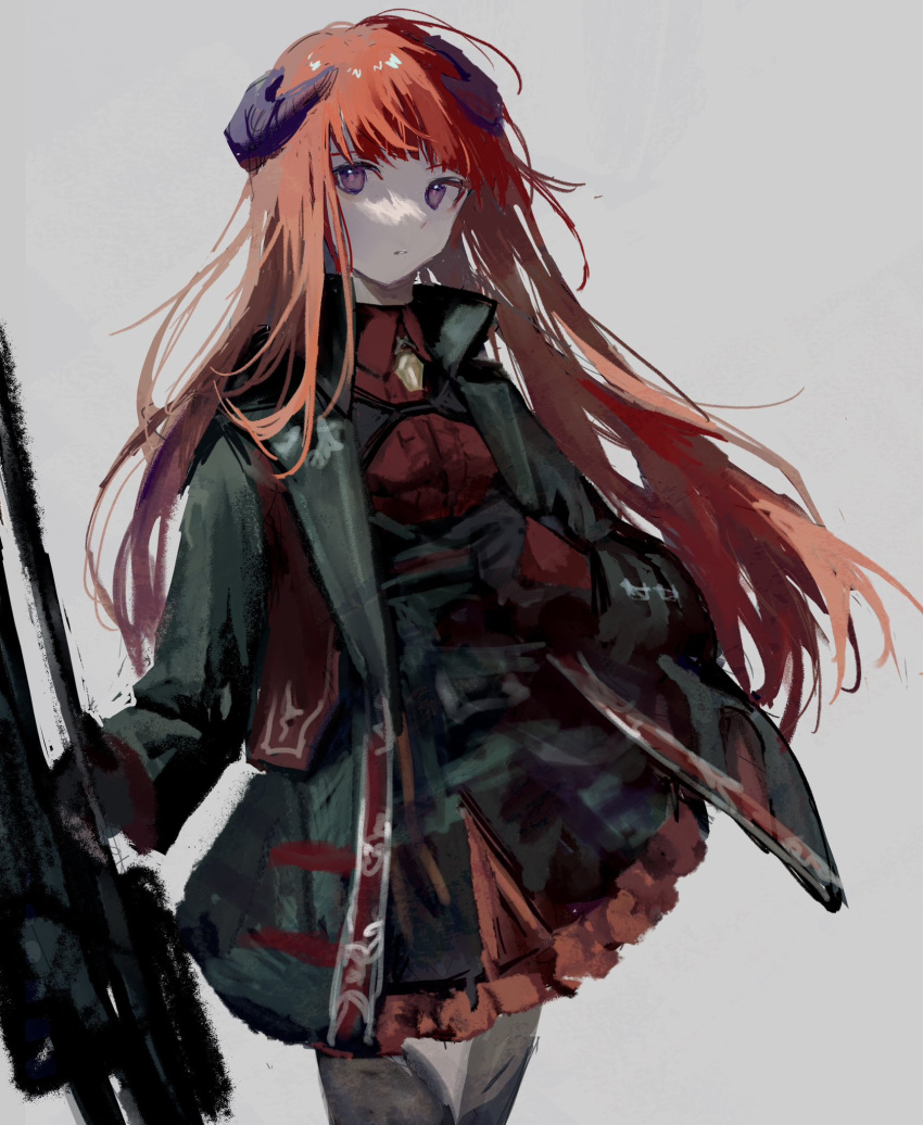 1girl arknights bagpipe_(arknights) bagpipe_(royal)_(arknights) black_gloves breasts brown_pantyhose cowboy_shot dragon_girl dragon_horns gloves green_jacket green_skirt grey_background highres holding holding_weapon horns i_(pixiv27212731) jacket light_frown looking_to_the_side medium_breasts official_alternate_costume orange_hair pantyhose red_eyes red_shirt shirt simple_background sketch skirt solo two-tone_gloves violet_eyes weapon