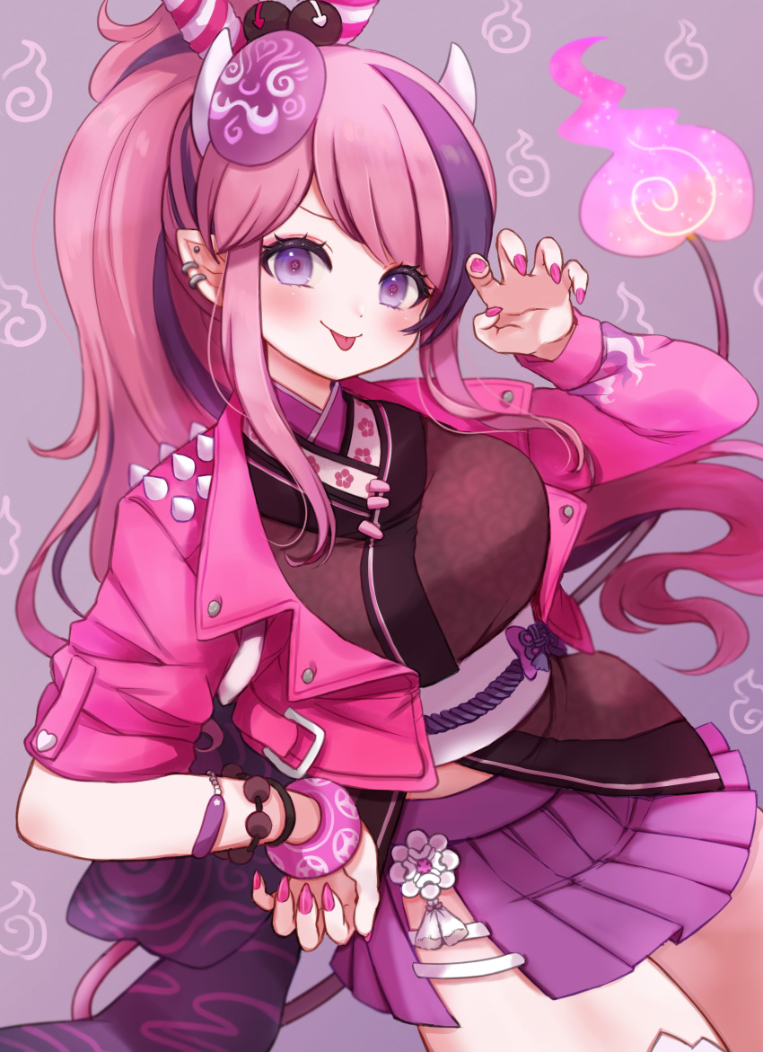1girl absurdres blush cropped_jacket demon_girl demon_horns demon_tail earrings hand_on_own_hip highres horns ironmouse ironmouse_(yokai_hunter) jacket japanese_clothes jewelry kimono long_hair looking_at_viewer mask mask_on_head multicolored_hair nail_polish pink_hair pink_jacket pink_nails pointy_ears ponytail purple_hair purple_kimono purple_skirt rabio_(labi555) skirt smile solo streaked_hair tail tongue tongue_out violet_eyes virtual_youtuber vshojo