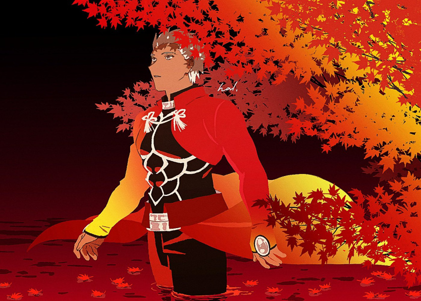 1boy abs archer_(fate) brown_eyes dark-skinned_male dark_skin fate/stay_night fate_(series) hal_(haaaalhal) jacket large_pectorals leaf leaf_on_liquid long_sleeves looking_ahead male_focus maple_leaf pants parted_lips pectorals red_jacket red_theme short_hair signature solo tassel toned toned_male wading white_hair