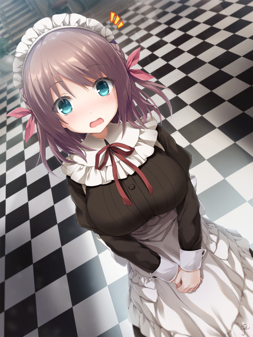 1girl alternate_costume aoi_tori_(purple_software) apron aqua_eyes black_dress blush braid breasts brown_hair chaamii checkered_floor collar commentary_request cowboy_shot dress embarrassed enmaided eyelashes eyes_visible_through_hair foreshortening frilled_apron frilled_collar frills hair_between_eyes hair_ribbon highres impossible_clothes indoors juliet_sleeves large_breasts long_sleeves looking_at_viewer maid maid_apron medium_hair neck_ribbon nose_blush notice_lines open_mouth own_hands_together puffy_sleeves red_ribbon ribbon side_braids signature solo standing surprised two_side_up umino_akari v_arms wavy_mouth white_apron white_collar wide-eyed