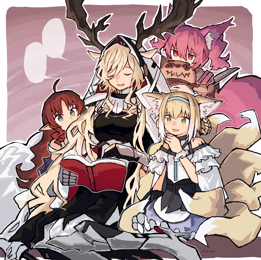 4girls absurdres animal_ear_fluff animal_ears antlers antlers_through_headwear arknights armored_boots bare_shoulders blank_speech_bubble blonde_hair blue_hairband book boots braid braided_hair_rings closed_eyes clothing_cutout colored_tips commentary_request deer_antlers deer_ears deer_girl donki_(yeah) frilled_sleeves frills green_eyes hair_between_eyes hairband highres holding holding_book morte_(arknights) multicolored_hair multiple_girls myrtle_(arknights) open_mouth oripathy_lesion_(arknights) pink_hair pointy_ears redhead shamare_(arknights) short_hair short_sleeves shoulder_cutout speech_bubble stuffed_wolf suzuran_(arknights) twin_braids two-tone_hair viviana_(arknights) white_hair