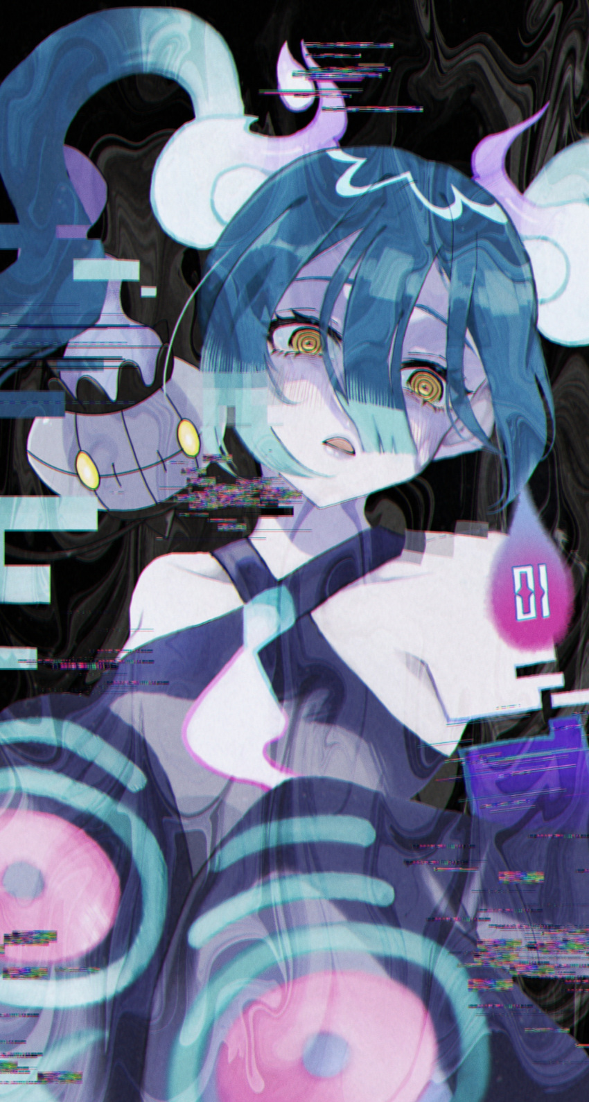 1girl absurdres aqua_hair bare_shoulders chandelure commentary detached_sleeves fjskkn ghost ghost_miku_(project_voltage) glitch hair_between_eyes hatsune_miku highres long_hair looking_at_viewer necktie open_mouth pale_skin pokemon pokemon_(creature) project_voltage sleeves_past_fingers sleeves_past_wrists twintails very_long_hair vocaloid will-o'-the-wisp_(mythology) yellow_eyes