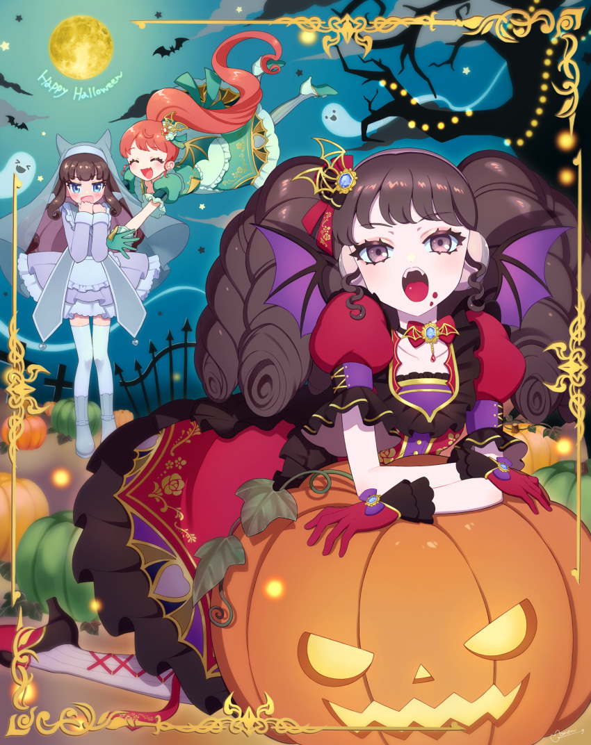 3girls :d absurdres apron arm_support bare_tree black_hair blue_dress blue_eyes blue_footwear blush boots bow brown_hair closed_eyes commentary_request cross demon_wings dress drill_hair facing_another fang fangs fence frilled_dress frills full_moon garuru_(pripara) ghost gloves glowing halloween hands_up happy_halloween high_heels highres jack-o'-lantern kurosu_aroma leaning_on_object lolita_fashion long_hair long_sleeves looking_at_viewer momokan_(mmkn100) moon multiple_girls night night_sky open_mouth outdoors outstretched_arms ponytail pretty_(series) pripara puffy_short_sleeves puffy_sleeves pumpkin red_bow red_dress red_gloves redhead shiratama_mikan short_sleeves sidelocks sky smile solo_focus star_(symbol) thigh-highs tree twin_drills veil white_apron white_thighhighs wing_hair_ornament wings