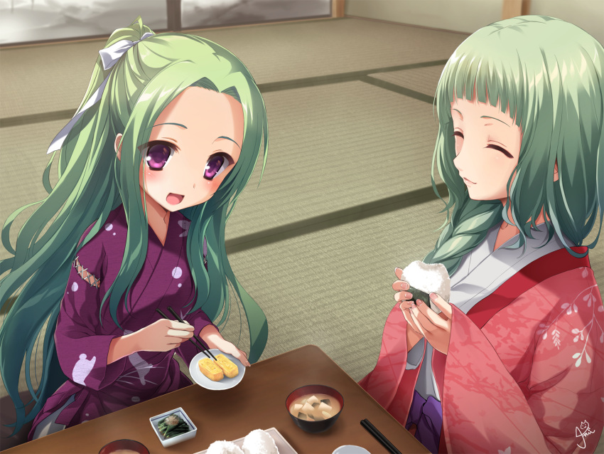 2girls :d ^_^ blunt_bangs blush bow braid branch_print chaamii chopsticks closed_eyes closed_mouth commentary_request eating eyes_visible_through_hair floating_hair food green_hair hair_bow hair_ribbon half_updo hands_up highres holding holding_chopsticks holding_food holding_plate indoors japanese_clothes kimono kyougoku_fumio lips long_hair long_sleeves looking_at_food mother_and_daughter mouse_print multiple_girls natsuzora_kanata nose omelet onigiri open_mouth parted_bangs plate purple_kimono red_kimono ribbon shichijou_sasara short_ponytail signature single_braid sitting smile table tamagoyaki tatami upper_body very_long_hair violet_eyes white_bow white_ribbon wide_sleeves