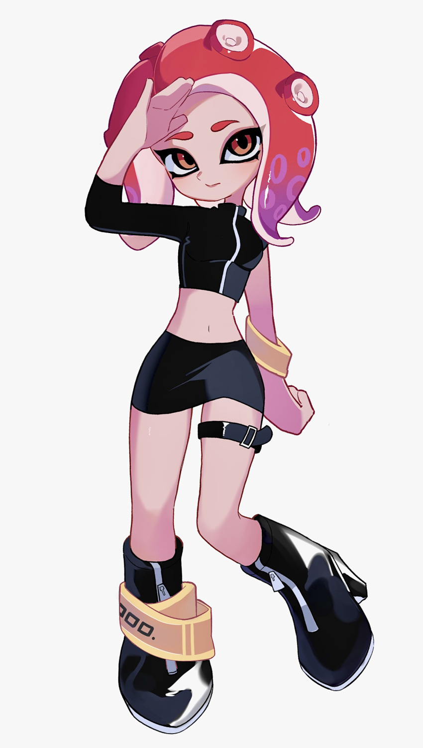 1girl absurdres agent_8_(splatoon) arm_up black_footwear black_shirt boots brown_eyes expressionless full_body high_heels highres looking_at_viewer lya_(ctrc5838) midriff miniskirt navel octoling octoling_girl redhead shirt short_hair skirt solo splatoon_(series) splatoon_2 splatoon_2:_octo_expansion standing suction_cups tentacle_hair thigh_strap thighs