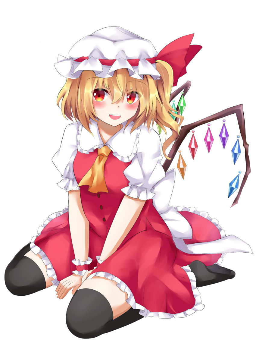 1girl ascot back_bow between_legs black_thighhighs blonde_hair blush bow breasts collared_shirt crystal flandre_scarlet frilled_shirt_collar frilled_skirt frilled_sleeves frills full_body hair_between_eyes hand_between_legs hat hat_ribbon highres large_bow looking_at_viewer medium_hair multicolored_wings no_shoes one_side_up open_mouth puffy_short_sleeves puffy_sleeves red_eyes red_ribbon red_skirt red_vest ribbon shirt short_sleeves simple_background sitting skirt skirt_set small_breasts solo teeth thigh-highs touhou upper_teeth_only v_arms vest wariza white_background white_bow white_headwear white_shirt wings wrist_cuffs yellow_ascot yuki_(snowmaiden)