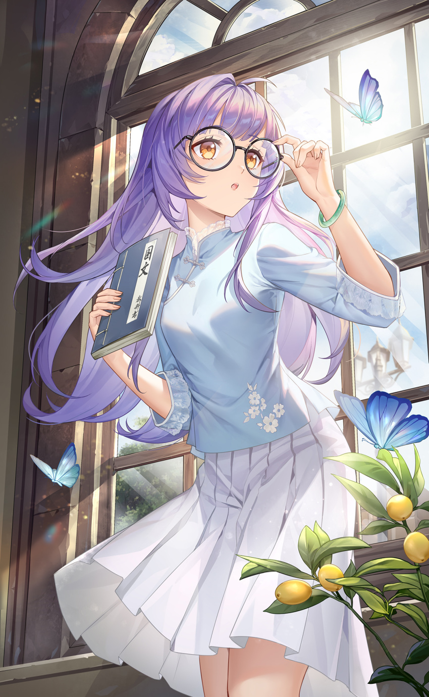 1girl absurdres blue_shirt breasts bug butterfly chinese_clothes collared_shirt crazy_ones glasses highres holding holding_notebook leaning_forward long_hair long_sleeves medium_breasts notebook official_art open_mouth pleated_skirt purple_hair qianye_zhizi shirt skirt solo standing sunlight white_skirt window