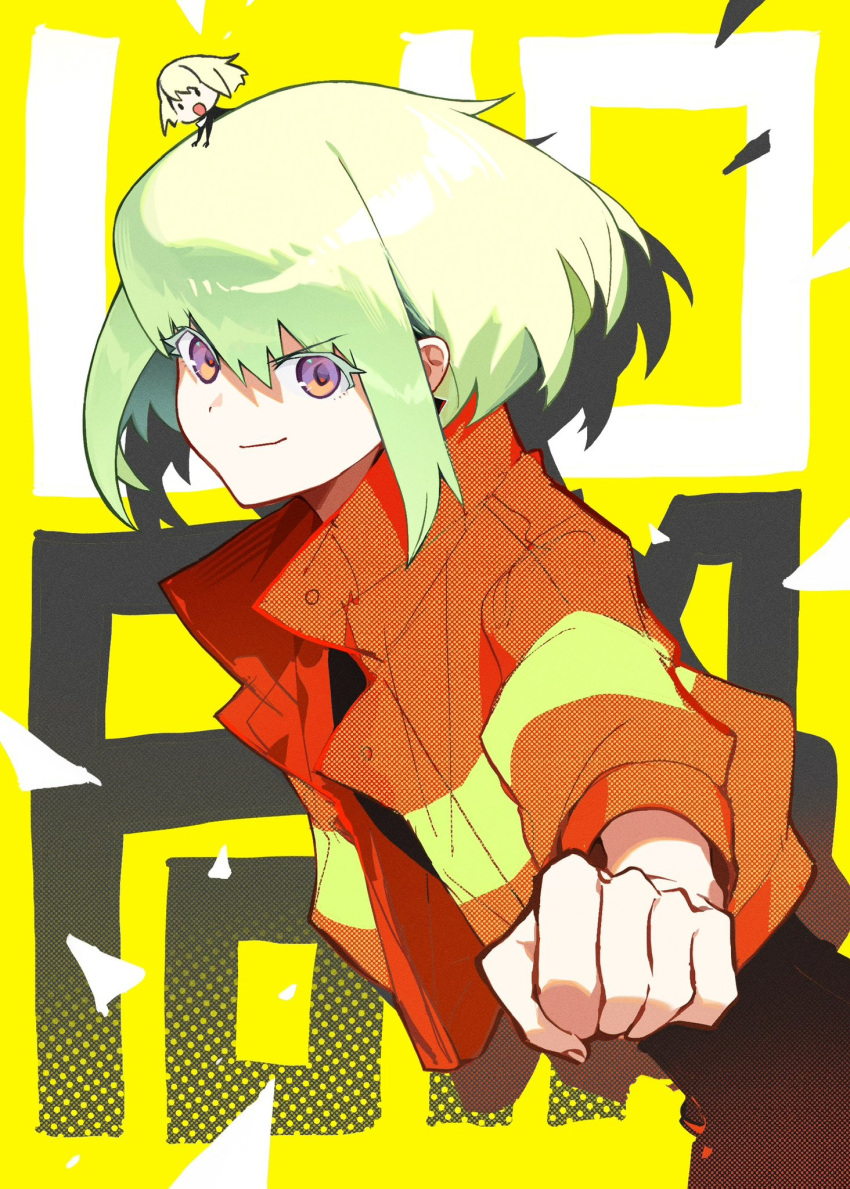 1boy alternate_costume black_pants black_shirt blonde_hair character_name chibi clenched_hand colored_eyelashes earrings firefighter_jacket from_side highres jacket jewelry lio_fotia long_sleeves looking_at_viewer male_focus open_clothes open_jacket otoko_no_ko pants promare red_jacket shirt short_hair sidelocks smile solo triangle_earrings violet_eyes xiu_xxx_wu yellow_background