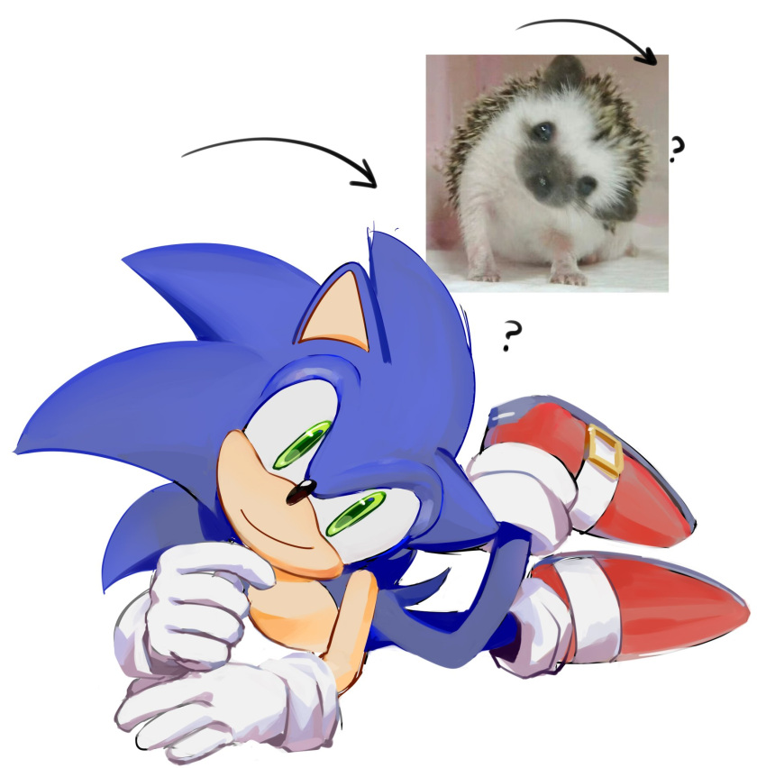 1boy ? animal_ears animal_nose arrow_(symbol) chaosrice closed_mouth commentary full_body furry furry_male gloves green_eyes head_tilt highres looking_at_viewer lying male_focus photo-referenced photo_inset red_footwear shoes simple_background smile solo sonic_(series) sonic_the_hedgehog tail white_background white_gloves