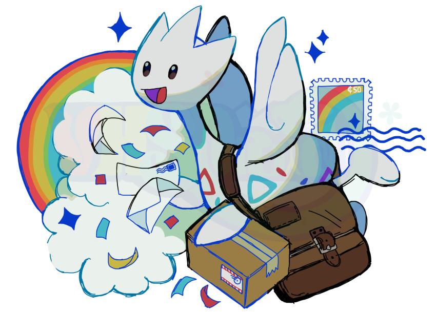 box brown_bag cardboard_box clouds commentary confetti english_commentary full_body highres holding holding_letter letter no_humans open_mouth pokemon pokemon_(creature) postage_stamp rainbow simple_background smile solo togetic vhsdruid watermark white_background
