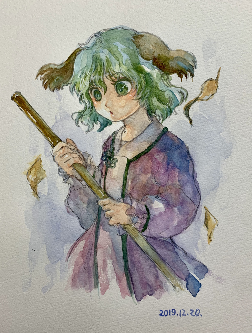 1girl :o absurdres animal_ears autumn_leaves broom brown_dress cropped_torso dated dog_ears dress frilled_sleeves frills green_eyes green_hair hair_between_eyes highres holding holding_broom kasodani_kyouko long_sleeves one-hour_drawing_challenge open_mouth painting_(medium) shiroma_(mamiko) simple_background solo touhou traditional_media upper_body watercolor_(medium) white_background