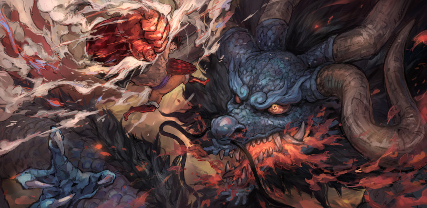 2boys absurdres beard blue_scales breathing_fire claws colored_sclera creature dragon dragon_horns eastern_dragon facial_hair fighting fighting_stance fire gear_fourth:_boundman highres horns kaidou_(one_piece) looking_at_another monkey_d._luffy monte_tako multiple_boys multiple_horns mustache one_piece purple_sash red_sclera sash shorts topless_male yellow_eyes yellow_shorts