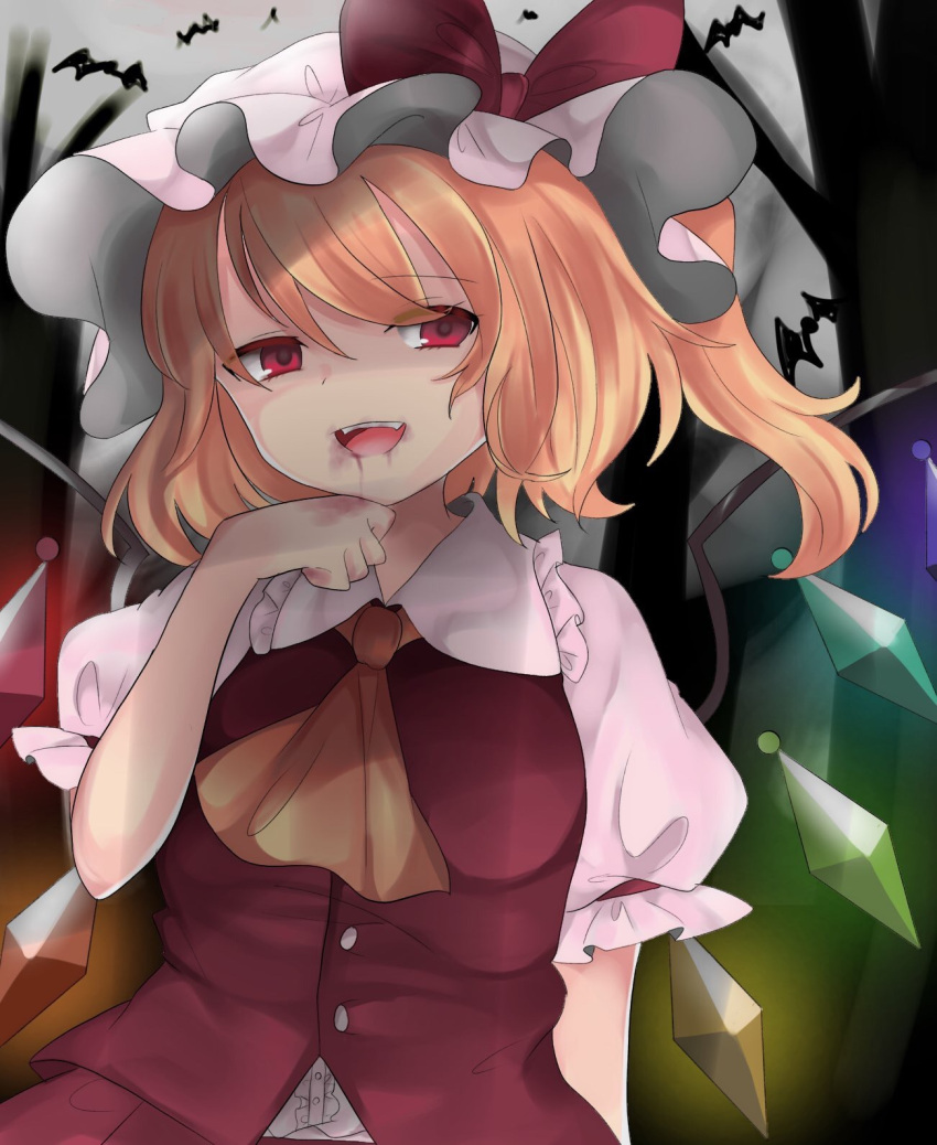 1girl ascot bat_(animal) blonde_hair blood blood_from_mouth bow breasts buttons center_frills collared_shirt crystal dress_shirt flandre_scarlet frilled_shirt_collar frilled_sleeves frills glowing glowing_wings hat hat_bow highres hyaku_paasento mob_cap multicolored_wings one_side_up open_mouth red_bow red_eyes red_skirt red_vest shirt skirt small_breasts solo teeth touhou upper_teeth_only vest white_headwear white_shirt wings yellow_ascot