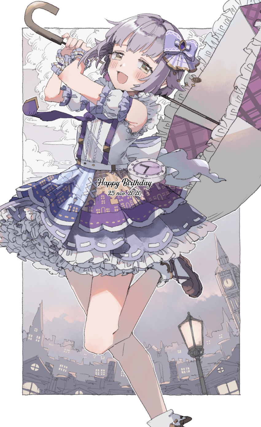 1girl absurdres arms_up bare_shoulders blush border bow breasts brown_eyes brown_footwear cityscape clouds detached_sleeves frilled_shirt frilled_skirt frilled_umbrella frills grey_hair hair_bow hair_flaps hair_ribbon happy_birthday highres holding holding_umbrella idolmaster idolmaster_cinderella_girls idolmaster_cinderella_girls_starlight_stage koshimizu_sachiko lamppost layered_skirt leg_up looking_at_viewer necktie omochi_chowder open_mouth outside_border purple_hair purple_necktie purple_ribbon purple_scrunchie ribbon scrunchie shirt shoes short_hair skirt sleeveless sleeveless_shirt small_breasts smile socks solo standing standing_on_one_leg suspender_skirt suspenders two-tone_skirt umbrella white_border white_shirt white_socks wrist_scrunchie