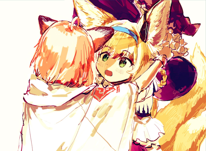 2girls animal_ears arknights blonde_hair blue_hairband blush coat commentary_request earpiece fox_ears fox_girl fox_tail green_eyes hairband highres kitsune kyuubi multiple_girls multiple_tails open_mouth pink_hair short_hair sussurro_(arknights) sutoa suzuran_(arknights) tail white_coat