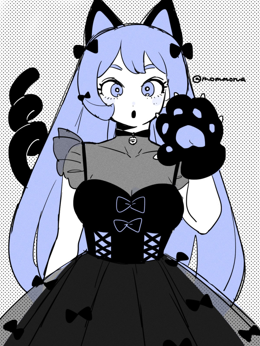 1girl :o alternate_costume animal_ears animal_hands black_bow black_dress blue_eyes boku_no_hero_academia bow cat_ears cat_paws cat_tail commentary_request dress hadou_nejire hair_bow hand_up highres long_hair looking_at_viewer mommorua open_mouth solo tail twitter_username