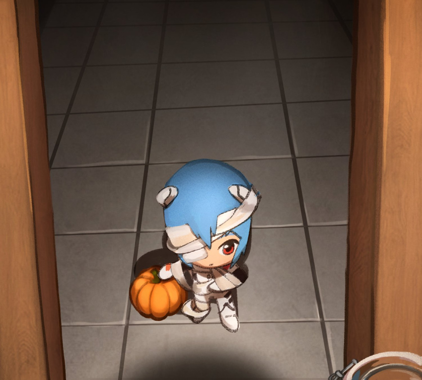 1girl ayanami_rei bandages blue_hair bodysuit breasts chibi closed_mouth commentary highres khyle. mini_person mummy_costume neon_genesis_evangelion one_eye_covered open_door plugsuit pumpkin red_eyes rei_chikita short_hair solo standing tile_floor tiles white_bodysuit