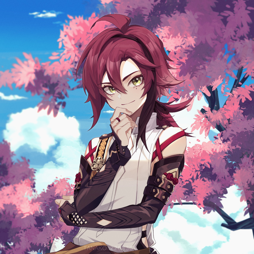 1boy ahoge aiguillette armor artist_name black_hair blue_sky bracelet cherry_blossoms closed_mouth clothing_cutout clouds commentary_request day eyelashes genshin_impact green_eyes hair_between_eyes hand_on_own_chin hand_up highres japanese_armor jewelry kote kurokote long_hair looking_at_viewer low_ponytail male_focus mole mole_under_eye multicolored_hair multiple_moles outdoors parted_bangs ponytail redhead shikanoin_heizou shirt side_cutout sidelocks sky sleeveless sleeveless_shirt smile solo streaked_hair tanako_(645316096) tree upper_body white_shirt