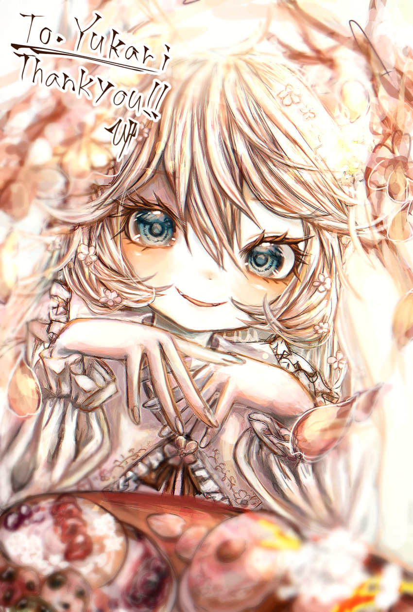 1girl artist_name blue_eyes blurry blush cherry_blossoms commentary_request commission commissioner_name depth_of_field dessert dutch_angle english_text fangs flower food frilled_shirt frilled_sleeves frills hair_between_eyes hair_flower hair_ornament hands_up happy highres long_sleeves looking_at_viewer open_mouth original own_hands_together pale_skin petals pink_flower shirt sidelocks signature skeb_commission smile solo table tensaitou_tou thank_you white_hair white_shirt
