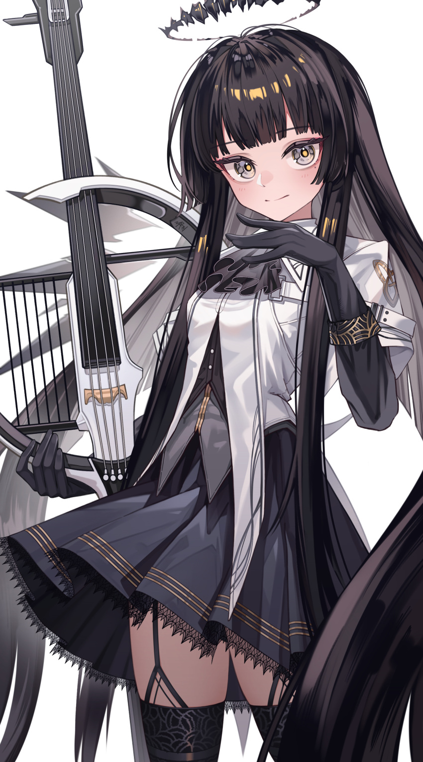 1girl absurdly_long_hair absurdres ahoge antenna_hair arknights ascot belt belt_buckle black_ascot black_bustier black_eyes black_garter_straps black_gloves black_hair black_halo black_skirt black_thighhighs black_wings blunt_bangs broken_halo buckle bustier buttons cello chinese_commentary collared_jacket commentary_request cowboy_shot dark_halo detached_wings dress_shirt energy_wings garter_straps gloves grey_shirt halo hand_to_own_mouth hand_up highres hime_cut holding holding_instrument holding_violin instrument jacket light_blush light_smile long_hair long_sleeves looking_at_viewer miniskirt mole mole_under_eye pleated_skirt shirt sidelocks simple_background skirt solo standing thigh-highs very_long_hair violin virtuosa_(arknights) white_background white_belt white_jacket wide_sleeves wings zettai_ryouiki zhengqi_zhizi_sg