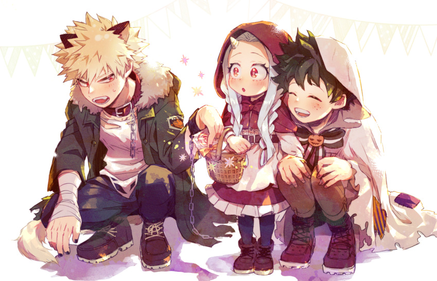 1girl 2boys :o alternate_costume animal_collar animal_ears ankle_boots arm_on_knee bakugou_katsuki bandaged_wrist bandages basket belt belt_buckle black_nails blonde_hair blue_pants blush boku_no_hero_academia boots bow bowtie braid bright_pupils broken broken_chain brooch brown_belt brown_footwear buckle candy capelet carrying chain chain_leash child cloak clothing_request collar commentary_request cosplay cross-laced_footwear cuffs dated_commentary drawstring embarrassed eri_(boku_no_hero_academia) facing_another fake_animal_ears fangs fingernails food freckles frills full_body fur-trimmed_jacket fur_trim ghost_costume green_hair green_jacket green_socks grey_hair hair_between_eyes hair_over_shoulder halloween halloween_costume hand_up hands_on_own_knees hands_up happy hood hood_up hooded_capelet hooded_cloak horns jacket jewelry lapels leaning_forward leash legs_together little_red_riding_hood little_red_riding_hood_(grimm) little_red_riding_hood_(grimm)_(cosplay) lollipop long_hair long_sleeves looking_at_viewer looking_to_the_side midoriya_izuku multiple_boys official_alternate_costume open_mouth orange_bow orange_pants pants parted_bangs partial_commentary patch pink_pupils pumpkin_brooch purple_thighhighs red_bow red_bowtie red_capelet red_collar red_eyes red_footwear scar scar_on_hand shackles shade shadow shirt short_hair side-by-side sideways_glance simple_background single_horn slav_squatting smile socks spiky_hair squatting standing string_of_flags striped striped_bow striped_bowtie striped_socks swirl_lollipop tail tannoci thigh-highs torn_cloak torn_clothes torn_jacket torn_shirt twin_braids v-shaped_eyebrows vertical-striped_socks vertical_stripes werewolf_costume white_background white_cloak white_shirt wolf_ears wolf_tail