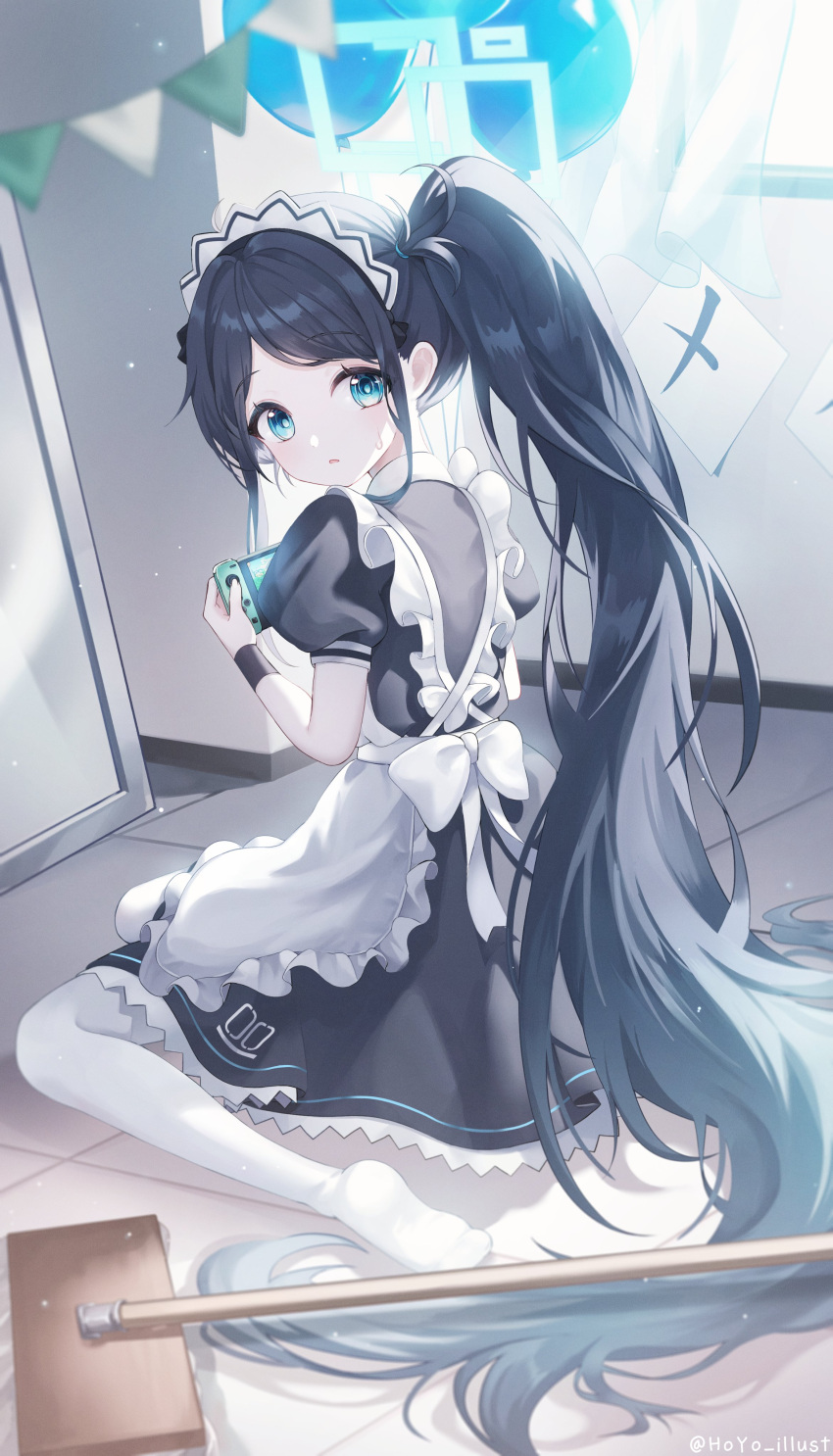 1girl absurdly_long_hair absurdres apron aris_(blue_archive) aris_(maid)_(blue_archive) black_dress black_hair blue_archive blue_eyes dress frilled_apron frills handheld_game_console highres holding holding_handheld_game_console hoyo_illust long_hair maid maid_headdress mop official_alternate_costume pantyhose parted_lips puffy_short_sleeves puffy_sleeves ringed_eyes short_sleeves solo very_long_hair white_apron white_pantyhose