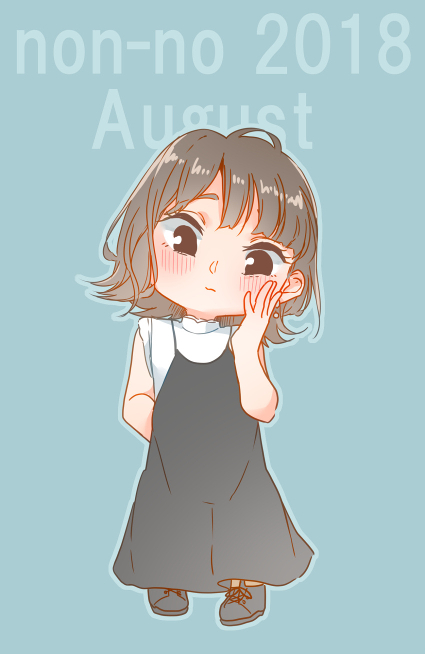 1girl arm_behind_back black_dress black_footwear blue_background blue_outline blush brown_hair chibi closed_mouth commentary_request dated dress earrings full_body hand_on_own_cheek hand_on_own_face highres jewelry kashikaze long_hair looking_at_viewer medium_hair outline pinafore_dress real_life saitou_shuka shirt simple_background sleeveless sleeveless_dress sleeveless_shirt solo voice_actor white_shirt