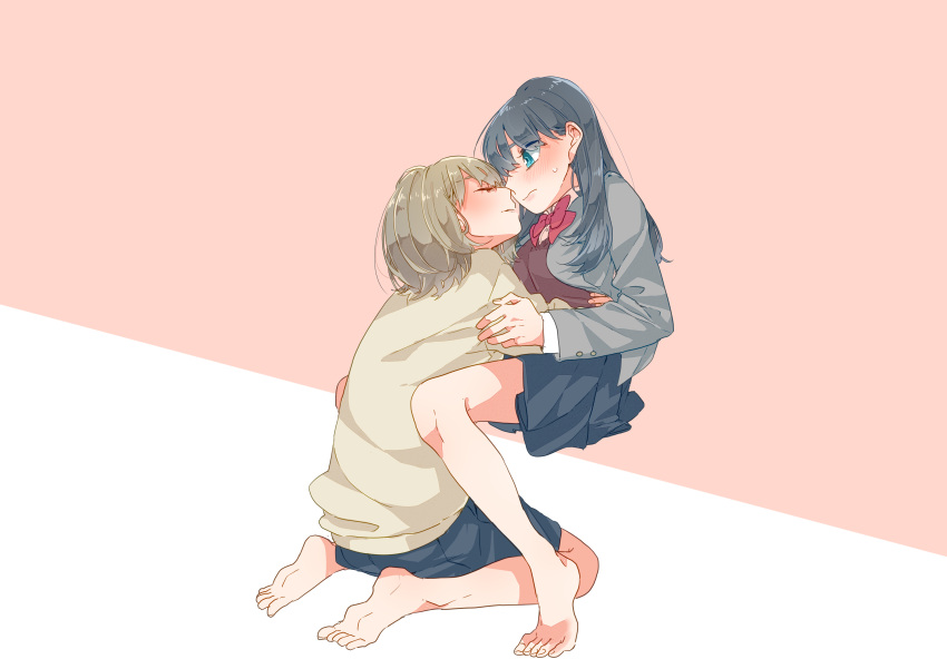 2girls barefoot between_legs blazer blue_eyes blue_skirt blush bow bowtie brown_sweater closed_eyes closed_mouth collared_shirt commentary dress_shirt ear_blush full_body grey_jacket hair_behind_ear highres honda_sora imminent_kiss invisible_chair jacket kashikaze light_brown_hair lonely_girl_ni_sakaraenai long_hair long_sleeves looking_at_another multiple_girls open_clothes open_jacket parted_lips pink_background pleated_skirt red_bow red_bowtie red_sweater sakurai_ayaka_(lonely_girl_ni_sakaraenai) school_uniform shirt short_hair sitting skirt sweatdrop sweater two-tone_background wariza wavy_mouth white_background white_shirt yuri