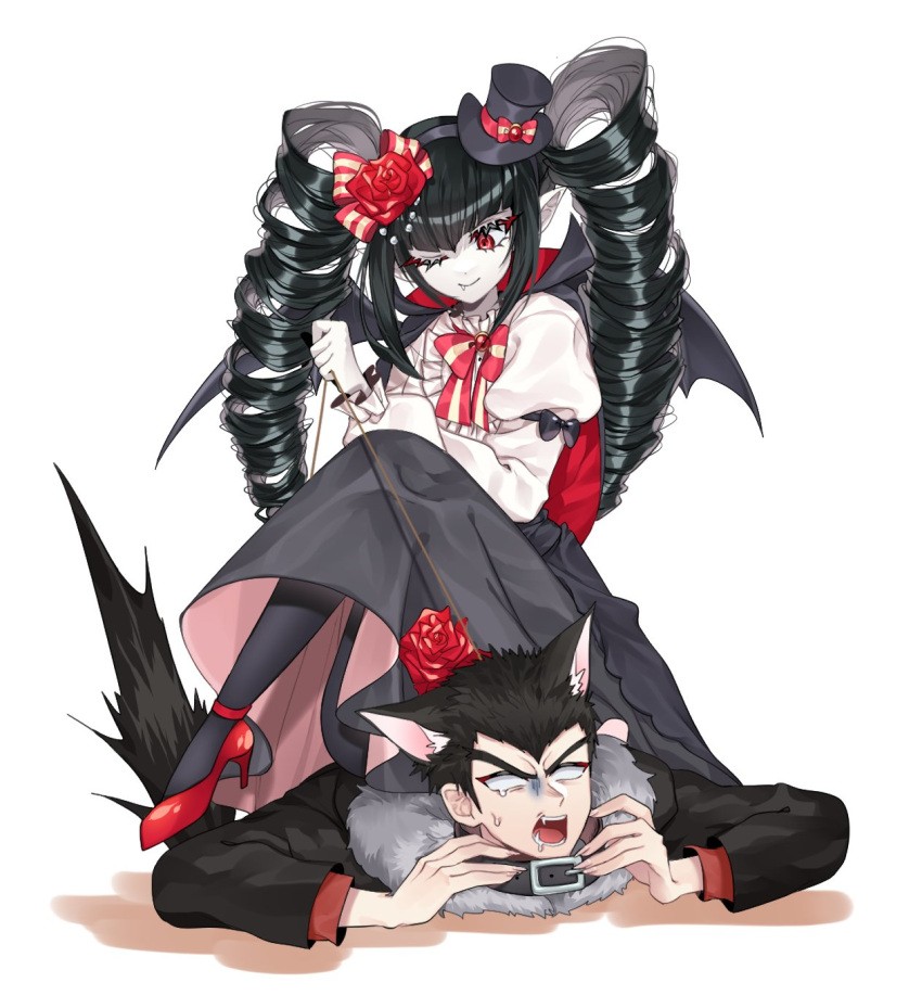 1boy 1girl ;) animal_collar animal_ears black_collar black_hair black_headwear black_pantyhose black_wings bow bowtie celestia_ludenberg collar danganronpa:_trigger_happy_havoc danganronpa_(series) demon_wings drill_hair fang flower hat high_heels highres ishimaru_kiyotaka knee_up long_sleeves lying on_stomach one_eye_closed pantyhose peppo_(2cleft_0109) puffy_long_sleeves puffy_sleeves red_bow red_bowtie red_eyes red_flower red_footwear red_rose rose simple_background sitting smile tail top_hat twin_drills twintails two-tone_bowtie vampire white_background wings wolf_ears wolf_tail