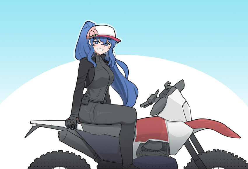 1girl alternate_costume baseball_cap biker_clothes bikesuit black_gloves blue_eyes blue_hair bodysuit breasts bright_pupils commentary english_commentary from_side full_body gloves hat highres hinanawi_tenshi hinanawi_tenshi_(flaming_gale_rider) long_hair looking_at_viewer mata_(matasoup) motor_vehicle motorcycle peach_print ponytail sitting smile solo touhou touhou_lost_word white_pupils