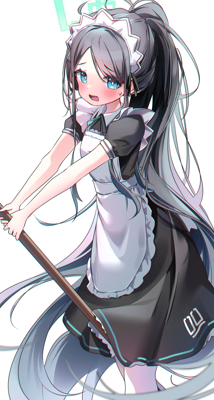 1girl absurdly_long_hair absurdres apron aris_(blue_archive) aris_(maid)_(blue_archive) black_dress black_hair blue_archive blue_eyes blush commentary dress feet_out_of_frame frilled_apron frills green_halo halo highres long_hair maid maid_apron maid_headdress md5_mismatch nyaruin open_mouth short_sleeves simple_background solo symbol-only_commentary very_long_hair white_apron white_background