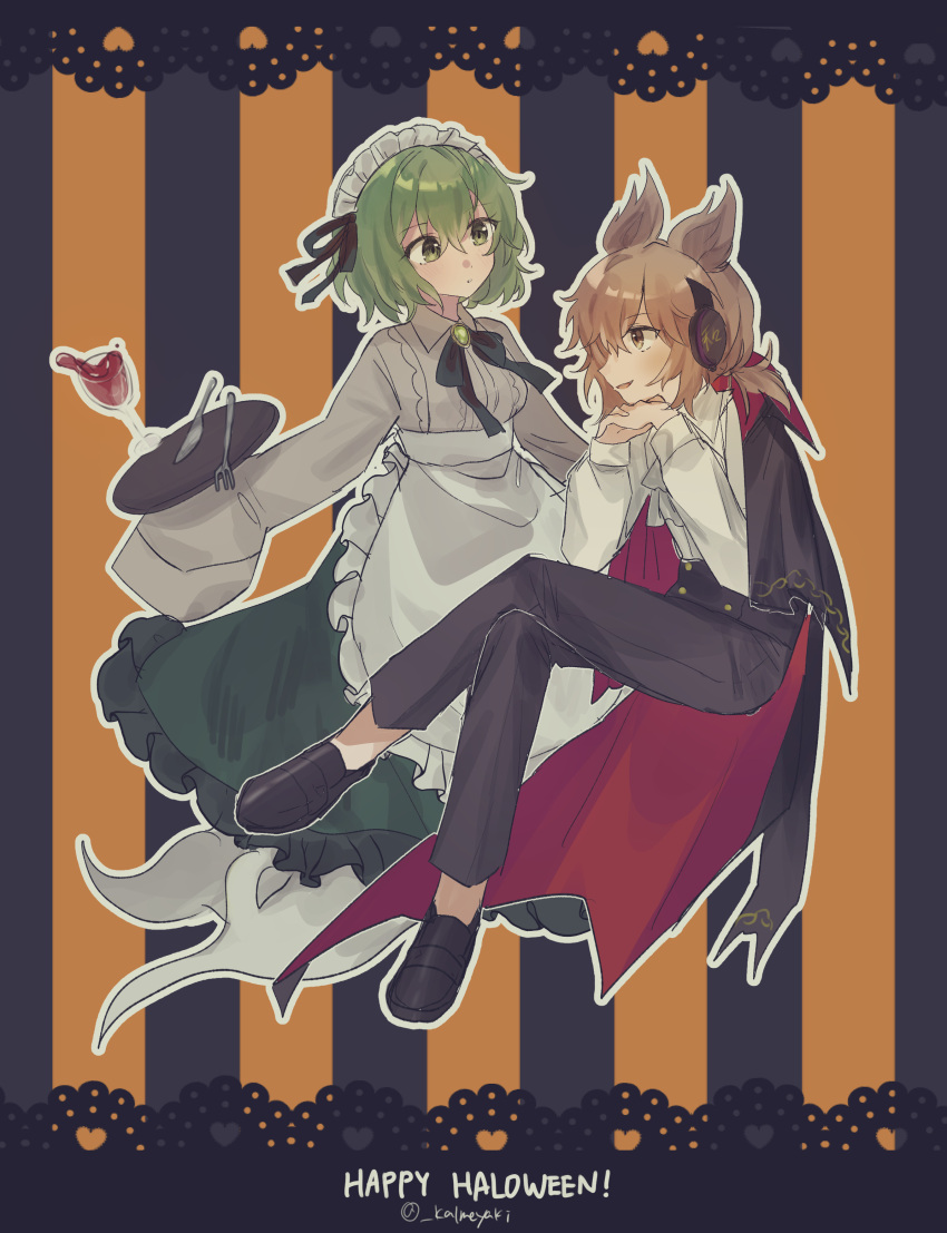 2girls absurdres alcohol apron black_footwear black_pants blush brown_eyes collared_shirt cup drinking_glass fork frilled_apron frills ghost_tail green_eyes green_hair green_skirt hair_between_eyes halloween halloween_costume happy_halloween headphones highres kalmeyaki knife light_brown_hair long_sleeves multiple_girls open_mouth pants parted_lips pointy_hair shirt shoes short_hair skirt sleeves_past_fingers sleeves_past_wrists smile soga_no_tojiko touhou toyosatomimi_no_miko tray twitter_username white_apron white_shirt wine wine_glass
