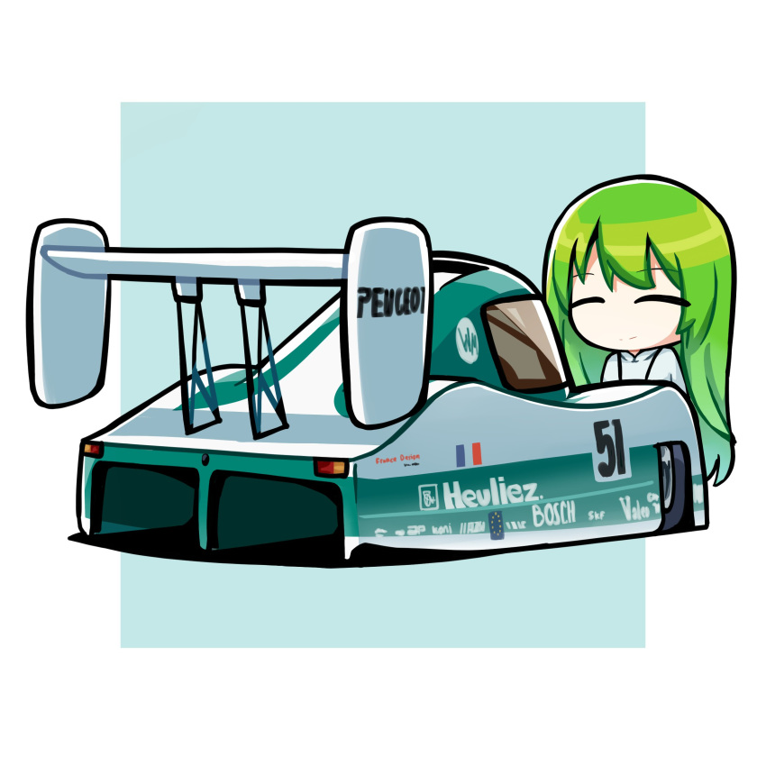 1girl ^_^ absurdres border c.c. car closed_eyes code_geass duz english_commentary french_flag green_background green_hair highres hood hood_down hoodie le_mans_prototype long_hair motor_vehicle peugeot race_vehicle racecar spoiler_(automobile) vehicle_focus very_long_hair white_border white_hoodie world_sportscar_championship