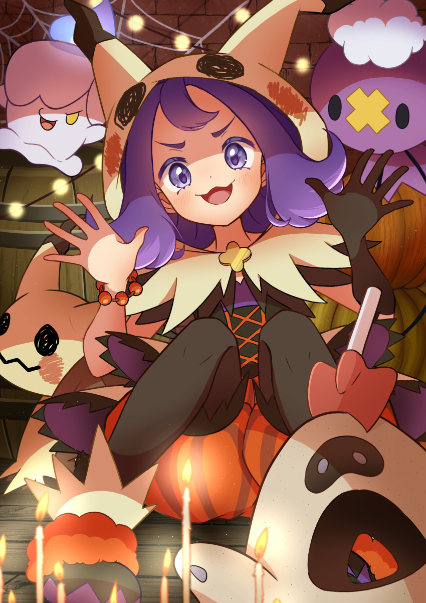 1girl :d absurdres acerola_(fall_2020)_(pokemon) acerola_(pokemon) bead_bracelet beads blush bracelet capelet commentary_request drifloon gloves halloween hands_up highres hood hood_up hooded_capelet jewelry litwick mimikyu official_alternate_costume open_mouth orange_bracelet orange_shorts pantyhose pokemon pokemon_(creature) pokemon_(game) pokemon_masters_ex purple_hair refisa sandygast shorts single_glove sitting smile striped striped_shorts tongue vertical-striped_shorts vertical_stripes violet_eyes yellow_capelet