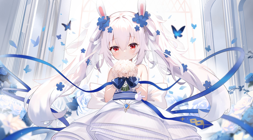 1girl animal_ears azur_lane bare_shoulders blue_ribbon blush bug butterfly closed_mouth dress eyebrows_hidden_by_hair flower gloves hair_between_eyes hair_ornament highres laffey_(azur_lane) laffey_(white_rabbit's_oath)_(azur_lane) long_hair looking_at_viewer rabbit_ears ribbon solo twintails wedding_dress white_gloves white_hair zcx