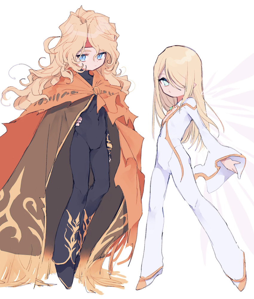 2boys absurdres black_bodysuit blonde_hair bodysuit cape chest_jewel curly_hair dhaos_(tales) hair_over_one_eye hand_on_own_hip headband highres long_hair looking_at_viewer male_focus mithos_yggdrasill multiple_boys nancykittyu orange_cape red_headband simple_background tales_of_(series) tales_of_phantasia tales_of_symphonia white_background white_bodysuit wings