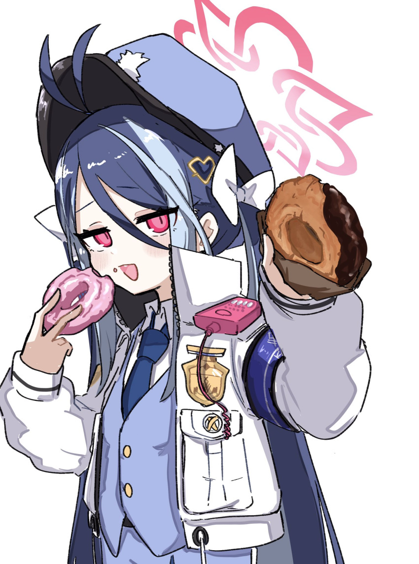 1girl antenna_hair armband badge blue_archive blue_hair blue_headwear blue_necktie blue_vest blush bow collared_shirt doughnut eating fami_miminmin food fubuki_(blue_archive) grey_hair hair_bow hair_ornament halo hat heart heart_hair_ornament highres holding holding_food incoming_food jacket long_hair long_sleeves looking_at_viewer multicolored_hair necktie open_mouth parted_bangs red_eyes shirt solo streaked_hair twintails upper_body vest walkie-talkie white_background white_bow white_jacket white_shirt
