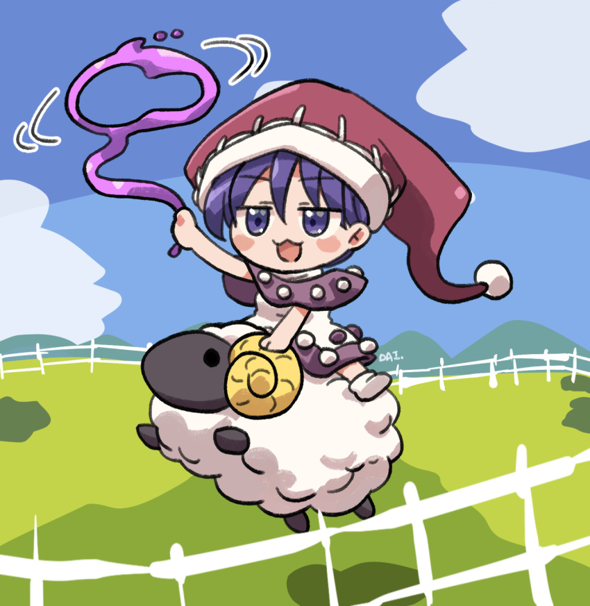 1girl :3 :d arm_up blue_eyes blue_hair blush_stickers capelet day doremy_sweet fence hair_between_eyes hat highres holding_lasso jitome lasso nightcap open_mouth outdoors pom_pom_(clothes) riding riding_animal rokugou_daisuke sheep smile solo touhou