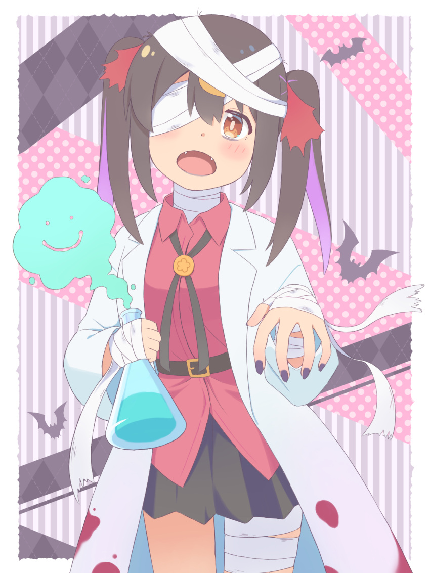 1girl :o bandaged_head bandaged_leg bandaged_neck bandaged_wrist bandages bat_(animal) belt black_hair black_skirt blood blood_on_clothes bolo_tie brown_eyes coat commentary cowboy_shot erlenmeyer_flask fangs flask hair_between_eyes halloween halloween_costume highres k-d lab_coat light_blush long_hair looking_at_viewer miniskirt multicolored_hair nail_polish one_eye_covered onii-chan_wa_oshimai! open_clothes open_coat oyama_mihari purple_hair purple_nails red_shirt shirt skirt solo twintails two-tone_hair untucked_shirt wing_collar